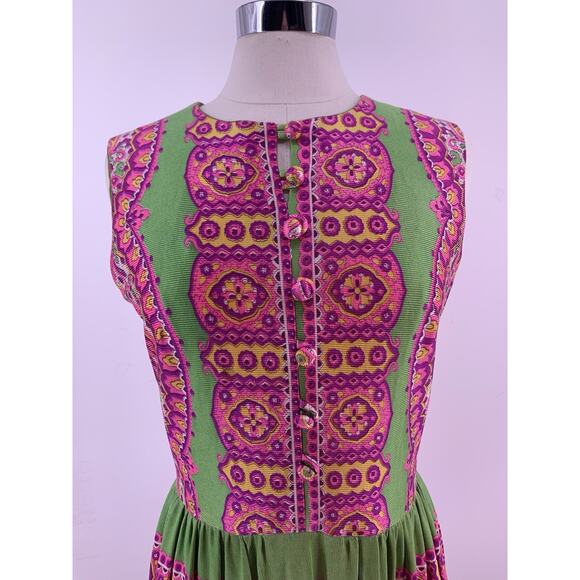 Vintage Paisley Print Maxi Dress Pink Green Glitter Boho 70s Slim Aarons Size M - Picture 4 of 9